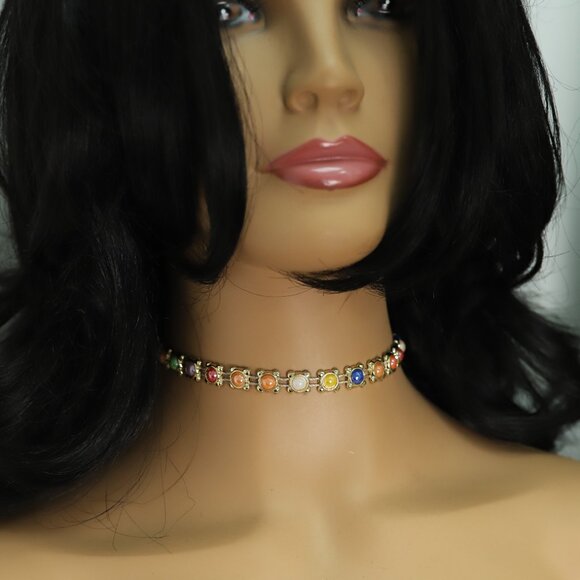 Multi Stones Choker Necklace Adjustable Fancy Chokers  (#63) - Picture 7 of 10